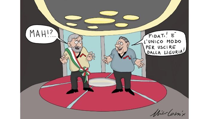 Liguria Enterprice . Il sindaco Marco Bucci e il governatore della regione Liguria nei panni dei protagonisti della serie Star Treck. Dopo l'ultimo crollo del viadotto sulla A6 il teletrasporto è l'unico modo per lasciare la regione. Nicocomix