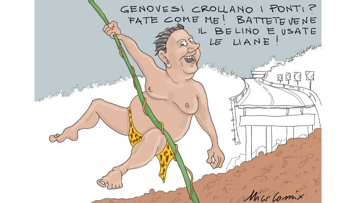 Toti della giungla . Il presidente della regione Liguria Giovanni Toti nei panni di un Tarzan ligure che opta per spostamenti tramite liane a causa di continue frane e cedimenti. Nicocomix