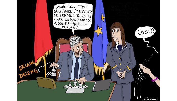 alzare la mano per parlare . Il presidente Conte contestato sul Mes da Giorgia Meloni. Nicocomix