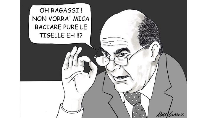 Giù le mani dalle Tigelle . La mia vignetta su Pier Luigi Bersani che si augura che Salvini non baci anche le Tigelle. Elezioni Regionali in Emilia Romagna di Domenica 26 Gennaio 2020. Nicocomix