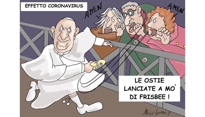 FRISBEE PONTIFICIO . Uno degli effetti del coronavirus è anche quello del momento dell'eucarestia, dove l'ostia non verrà più posta nella bocca del fedele per evitare contagi. Nicocomix