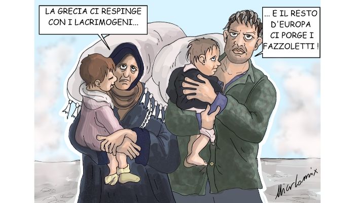 lacrimogeni compassionevoli . Profughi siriani ammassati ai confini della Grecia e respinti con i gas lacrimogeni. Nicocomix