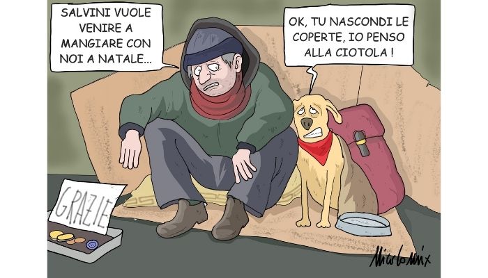 Natale salviniano . Salvini pur di far parlare di se vuole andare a mangiare il giorno di natale con i senzatetto. Peccato che spesso la Lega si sia macchiata di atti vergognosi proprio contro i clochard . Nicocomix