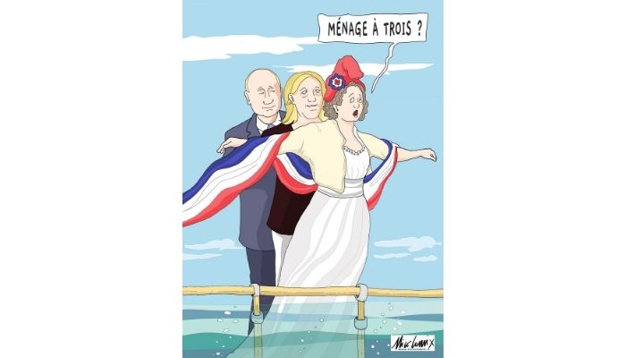 Ménage à trois. Elezioni Presidenziali in Francia. Le Pen e Putin dietro al simbolo francese. Nicocomix